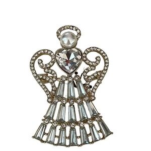 Napier Gold Tone Angel Brooch Pin Halo Heart Wings Faux Pearl Rhinestones NEW
